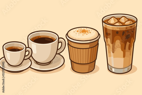 Coffee drink varieties vector illustration set. Collection of different coffee types: espresso, americano, cappuccino, latte, and iced coffee in cups and glasses. Cafe menu icons.
