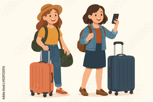 Happy women friends traveling on vacation with luggage. Two young female tourists with suitcases and backpacks ready for a journey. Girl using smartphone for navigation or booking.