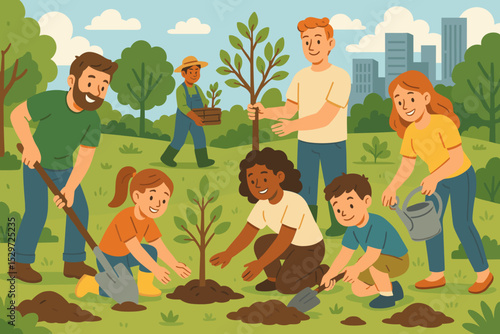 Diverse community of volunteers planting trees in a city park. Happy family and children working together for environment conservation, reforestation and social sustainability concept.