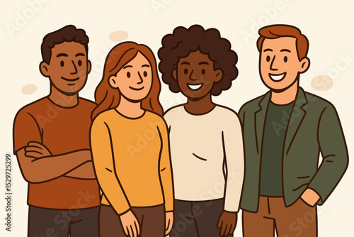 Diverse group of young people standing together in unity. Happy multi-ethnic community of friends or colleagues. Concept of teamwork, social support, inclusion and equality. Vector illustration.
