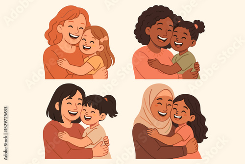 Set of diverse mothers and daughters hugging. Multicultural family love and bonding concept. Happy woman and girl embracing for Mothers Day. Vector cartoon character illustration.