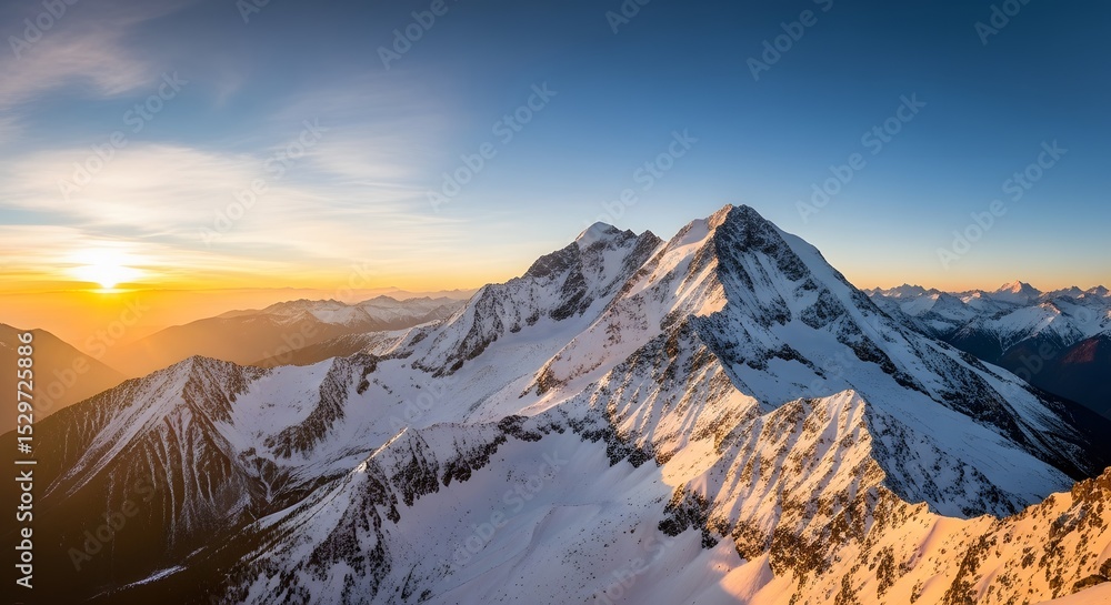 Obraz premium Majestic Sunrise Over Snow-Capped Mountain Peaks Breathtaking Alpine Landscape Photography
