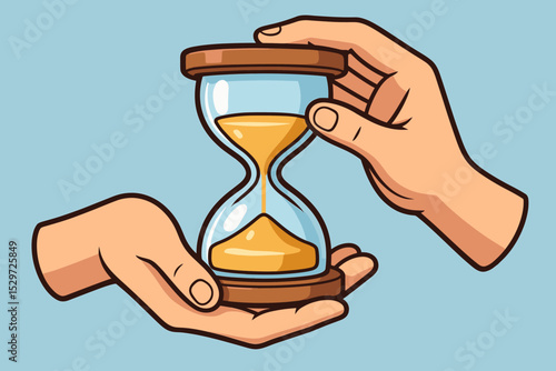 Hands holding an hourglass. Concept of time passing, deadline, and urgency. Sand clock vector illustration for time management, life, and patience. Vintage sandglass countdown timer.