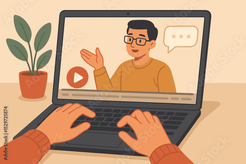 Online learning and e-learning concept with person watching a video tutorial on laptop. Man teaching in a webinar or virtual class. Distance education and remote work technology.