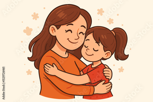 Loving mother embracing her cute daughter. Tender hug showing family bond and affection. Cartoon illustration for Mother's Day. Concept of parenting, motherhood and happy childhood.