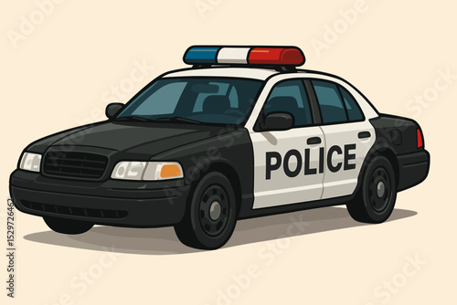 Police patrol car vector illustration. Classic American law enforcement vehicle isolated. Black and white sedan with emergency lights. Concept of public safety, justice, and order.