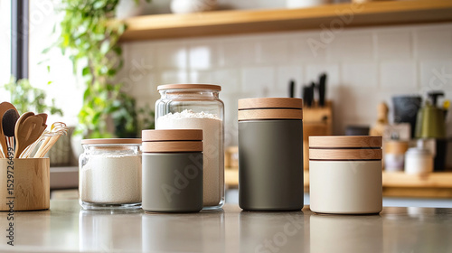 Kitchen Canisters in a Contemporary Kitchen: A set of elegant kitchen canisters of varying sizes are arranged on a sleek countertop in a contemporary kitchen setting.