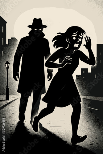 Scared woman running in fear from a stalker in the shadows. Concept of danger, crime, and pursuit on a dark city street at night. Film noir style thriller illustration vector.