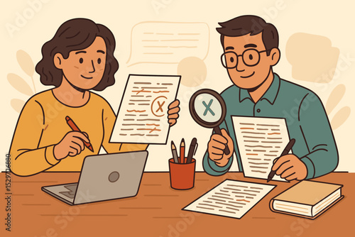 Colleagues collaborating on project, editing and proofreading manuscript. Fact checking team reviewing documents with magnifying glass. Quality control and verification concept illustration.