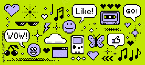 Pixel art y2k vector collection with heart, cloud, smiley face, and other diverse elements representing 90s aesthetic. Vector graphics.