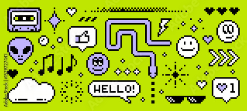 Pixel art y2k vector collection includes cassette, alien, smiley faces, and music notes. Old school 8 bit retro elements for digital design. Vector graphics.