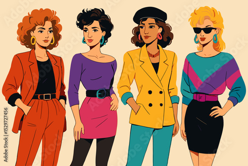 Group of women in 80s fashion style. Retro vintage vector illustration of friends in colorful outfits, big hair, and shoulder pads. Nostalgia eighties concept for party design.