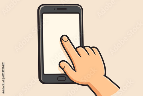 Hand pointing at smartphone screen. Vector illustration of finger tapping mobile device with blank screen for mockup. UI, UX design element. Mobile app technology and communication.