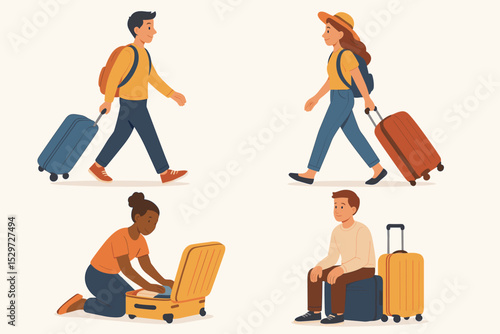 Travel characters set. Diverse people with suitcases on vacation. Man and woman walking with rolling luggage and backpacks. Girl packing bag. Tourist waiting for journey concept.