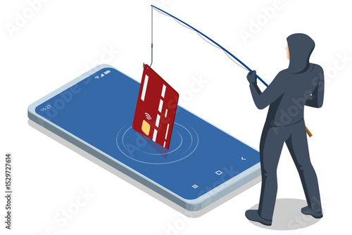 Isometric depiction of a hooded hacker reeling in a credit-card panel from a computer screen, surrounded by broken shield and alert icons, illustrating a phishing attack.