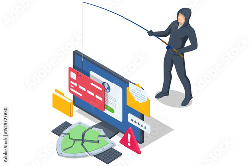 Isometric depiction of a hooded hacker reeling in a credit-card panel from a computer screen, surrounded by broken shield and alert icons, illustrating a phishing attack.