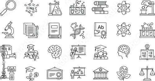 Vector illustrations of science education icons including chemistry biology and scientific research elements