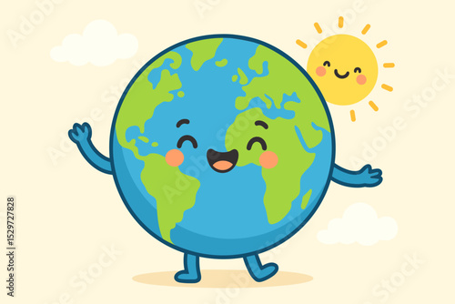 Cute Earth cartoon character walking happily with a smiling sun. Kawaii planet mascot for Earth Day. Environmental conservation concept illustration for kids. Globe and sunshine.