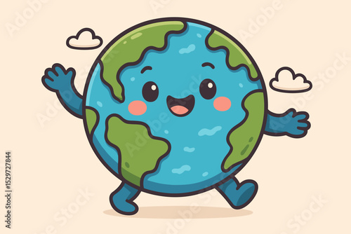 Cute Earth character walking happily. Cartoon planet mascot for Earth Day. Vector illustration for ecology, environment, and conservation. Happy world globe with a smiling face.