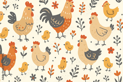 Cute chicken seamless pattern in Scandinavian style. Hand drawn folk art vector background with rooster, hen, chicks and floral elements. Nordic farm animal design for kids textile.