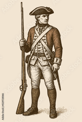 Vintage engraving of an 18th-century soldier from the American Revolution. Historical military infantryman, British Redcoat in uniform with a musket, bayonet, and tricorn hat.