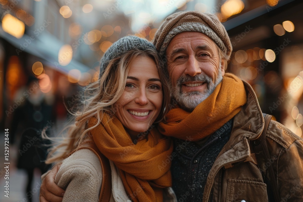 A joyful couple smiles brightly at the camera while bundled in warm attire, capturing the essence of love and happiness amidst a bustling urban atmosphere. A joyful couple smiles brightly at the camera while bundled in warm attire, capturing the essence of love and happiness amidst a bustling urban atmosphere.