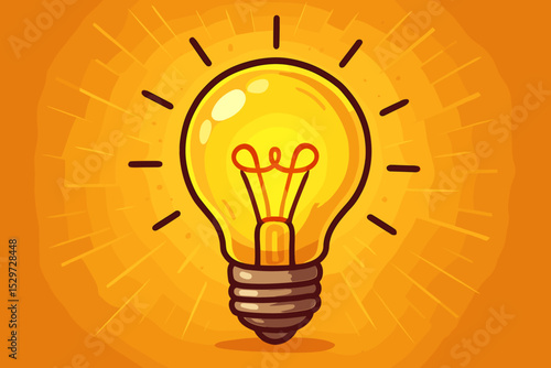 Glowing lightbulb cartoon illustration. Concept of a new idea, innovation, creativity and solution. Bright thinking and inspiration symbol. Vector art of a shining eureka moment.