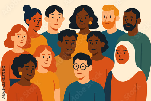 Diverse group of people standing together. Multicultural community portrait. Vector illustration for inclusion, equality, and social concepts. Multiethnic society, men and women.