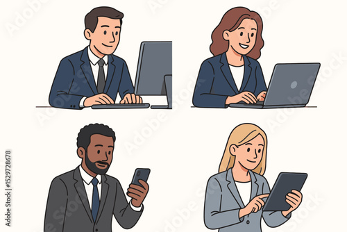 Set of diverse business people working with digital devices. Man on computer, woman on laptop, man with smartphone, woman with tablet. Professional office workers cartoon illustration.