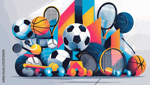 Sporting equipment in vibrant colors on a dynamic background with copy space