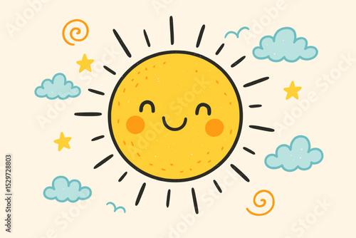 Cute smiling sun cartoon character. Hand drawn doodle style illustration. Cheerful sunny weather concept with clouds and stars for kids, baby shower, or nursery decoration vector.