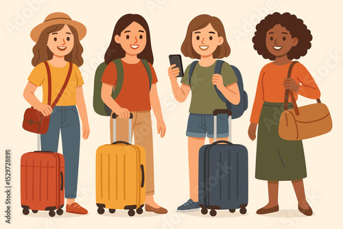 Diverse group of happy young women traveling together. Female friends with luggage, suitcases, and backpacks on a journey. Concept of tourism, vacation, and girls trip. Flat vector.