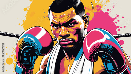 Boxer in dynamic pose with colorful gloves against a vibrant background with copy space