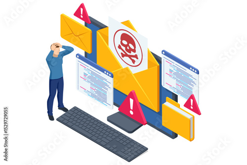 Isometric scene of a shocked user beside a giant malware-marked envelope erupting code windows and red warning triangles, depicting a hacker s phishing breach. Phishing attack