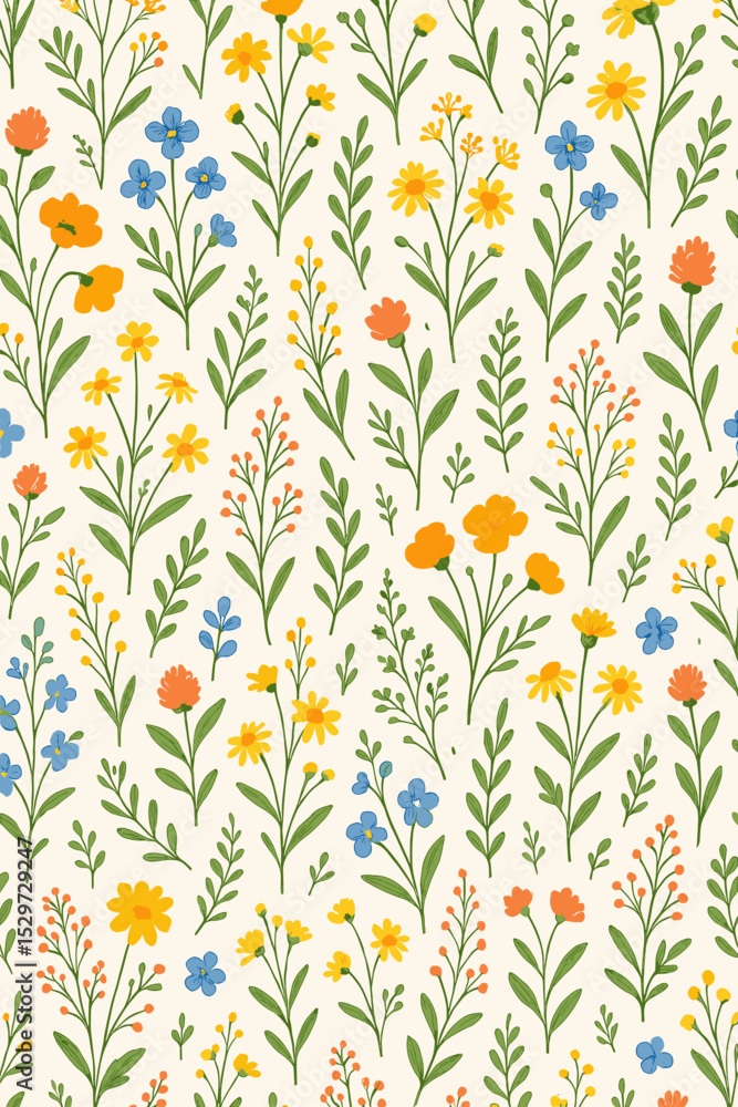 Seamless pattern with hand-drawn summer wildflowers. Botanical vector illustration of a colorful floral meadow. Nature background with cute folk art flowers for textile or wallpaper. Seamless pattern with hand-drawn summer wildflowers. Botanical vector illustration of a colorful floral meadow. Nature background with cute folk art flowers for textile or wallpaper.