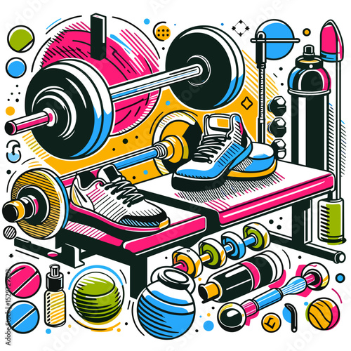 Colorful fitness equipment and accessories on a graphic background with copy space