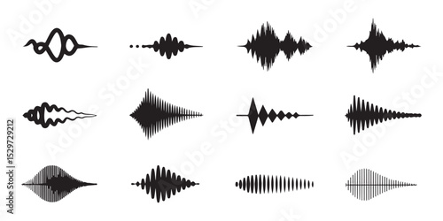 A diverse set of audio waveforms, showcasing various shapes and intensities vector art on white