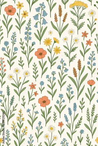 Seamless pattern with hand-drawn wildflowers. Botanical summer meadow background with poppy, daisy, bluebell, lavender. Vintage floral illustration for fabric, wallpaper, textile.