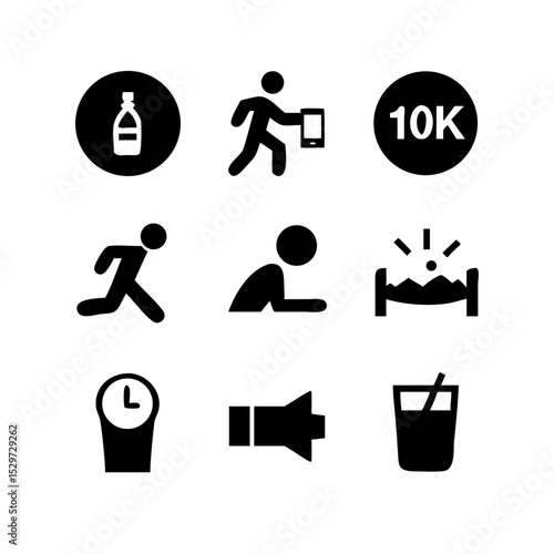 Pictogram-style habit icons: drink water, 10k steps, flossing, sleep goal, intermittent fasting, screen time limit"