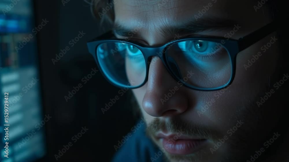 Focused man working late at night analyzing data with glowing screen reflections Focused man working late at night analyzing data with glowing screen reflections
