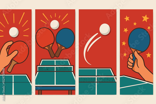 Retro ping pong poster set. Vintage table tennis illustration collection. Vector graphic for sports competition, tournament or championship with paddle, ball, table and net.
