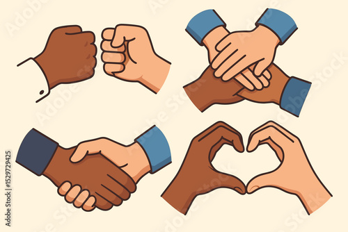 Collection of multiracial hands gestures. Handshake for partnership, fist bump for friendship, team stack for unity, heart shape for love. Diversity, inclusion, equality concept.