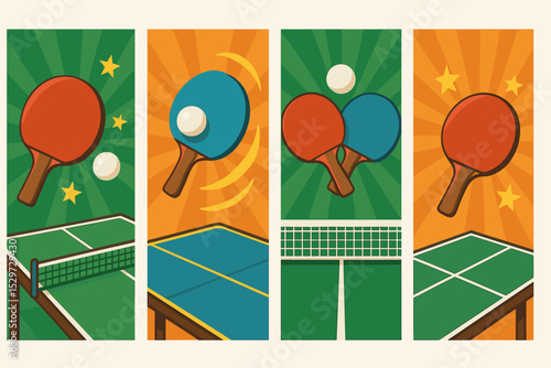 Set of retro ping pong posters. Vintage table tennis tournament banners with rackets, ball, and table. Sport game competition illustration collection with sunburst background.