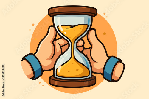 Hands holding an hourglass vector illustration. Concept of time management, deadline, and urgency. Sandglass with running sand symbolizes passing time, countdown, and productivity.