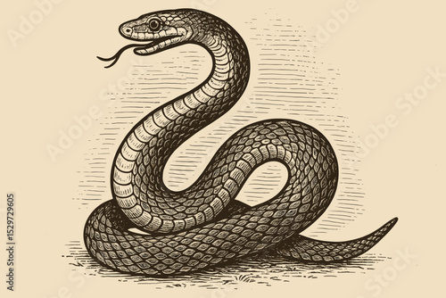 Vintage snake illustration in an engraved woodcut style. Hand-drawn serpent reptile sketch on old paper texture. Retro zoological scientific drawing for wildlife or tattoo design.