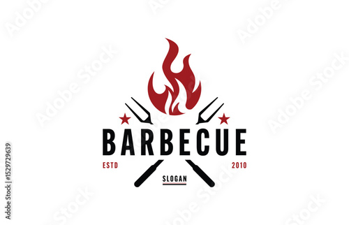Vintage Retro Rustic BBQ Grill, Fire Flames, Barbecue, Barbeque Label Stamp Logo design vector