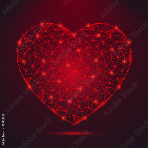 Red heart shape in low poly style. Charity donation concept. Abstract geometric lobe symbol with connected lines. Vector illustration isolated on dark background.