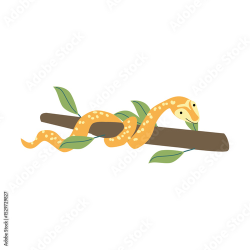 Vibrant tropical snake on branch with leaves for nature-themed designs.