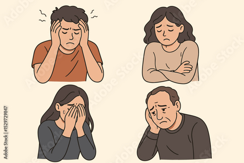 Set of diverse people feeling sad, anxious, and depressed. Unhappy characters collection showing frustration, stress, grief, and despair. Mental health issues concept vector.