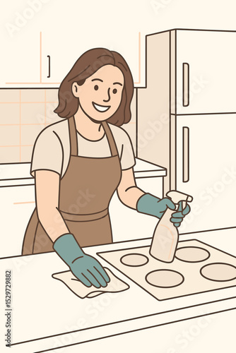 Happy woman in apron and gloves cleaning kitchen stove. Smiling housewife doing chores. Professional cleaning service concept. Domestic hygiene and household vector illustration.